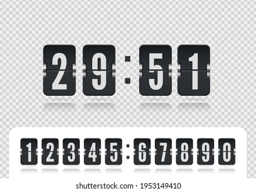 Scoreboard number font. Flip countdown number with reflections isolated on transparent background. Vintage floating flip clock time counter vector template. Vector illustration template.