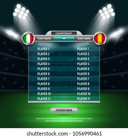 Scoreboard on a stadium background illuminated by spotlights. Football scoreboard with team composition. Sport template for your design. Vector illustration.