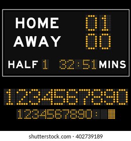 Scoreboard with orange LED digital font display on black background