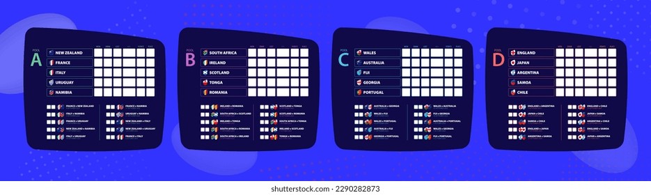 Scoreboard of Rugby 2023, all pool with icons for all matches on blue sport background. Vector illustration.