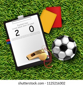 Scoreboard, soccer ball and whistle on green grass Vector illustration
