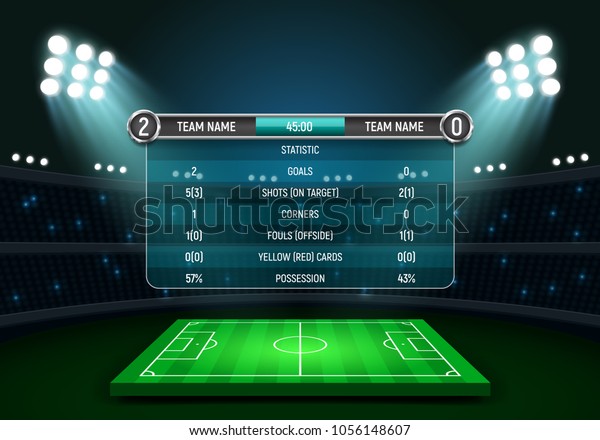 Scoreboard\
and soccer field illuminated by spotlights. Football scoreboard\
with time and result display on a stadium background. Sport\
template for your design. Vector\
illustration.