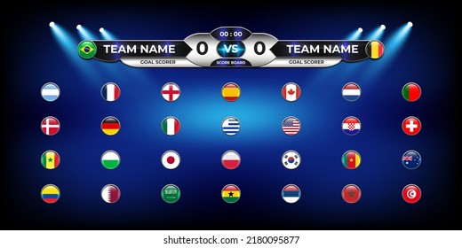 Scoreboard soccer statistic and Lower Third football template with flag icon collection