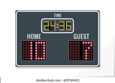 Scoreboard for Sport Games with Digital Score and Time Displays and Home Guest Text - Black Grey Red and Yellow Elements on White Natural Paper Effect Background - Infographics Flat Design