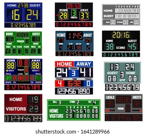 Scoreboard time and clock information displays vector illustration. Score signs sport teams information digital and analog board equipment flat style isolated on white background.