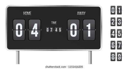 Scoreboard and time flip countdown. Vector home and away guest sport team scores on flip board display