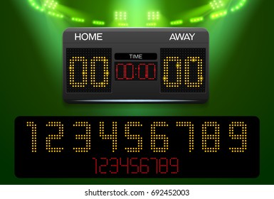 Scoreboard with time result display and spotlight vector illustration