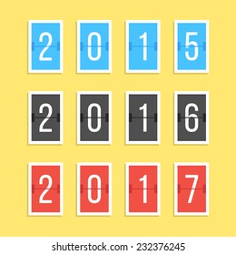 scoreboard year numbers isolated on yellow background. concept of number counter template for 2015-2017 countdown. flat style modern trendy design vector illustration