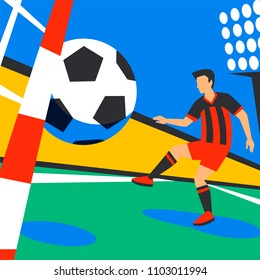 Scorer forward. Football player with football ball against background of stadium. Penalty. Soccer player, full color illustration in flat style. Football championship. Vector illustration