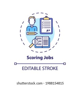 Scoring jobs concept icon. Online teaching jobs types. Giving grades for students knowledge in writing tests idea thin line illustration. Vector isolated outline RGB color drawing. Editable stroke