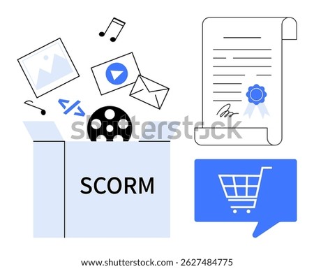 SCORM package delivering multimedia content, including images, audio, video, email, and code a certificate with a ribbon shopping cart icon. Ideal for e-learning, online training, certification