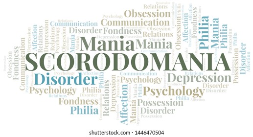 Scorodomania word cloud. Type of mania, made with text only.