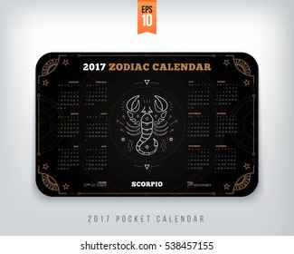 Scorpio 2017 year zodiac calendar pocket size horizontal layout Black color design style vector concept illustration