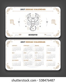 Scorpio 2017 year zodiac calendar pocket size horizontal layout Double side white color design style vector concept illustration