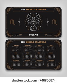 Scorpio 2018 year zodiac calendar pocket size horizontal layout Double side black color design style vector concept illustration