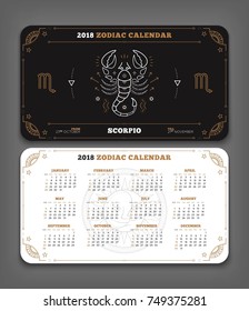 Scorpio 2018 year zodiac calendar pocket size horizontal layout Double side black and white color design style vector concept illustration.