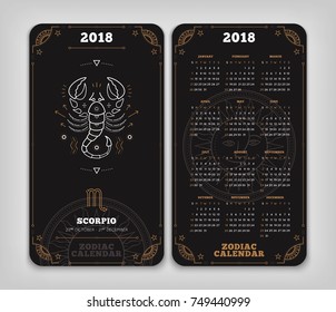 Scorpio 2018 year zodiac calendar pocket size vertical layout Double side black color design style vector concept illustration