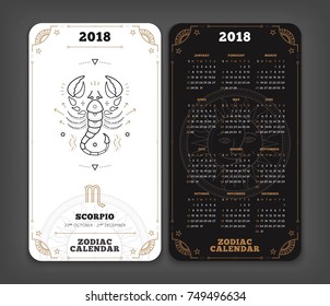 Scorpio 2018 year zodiac calendar pocket size vertical layout Double side black and white color design style vector concept illustration