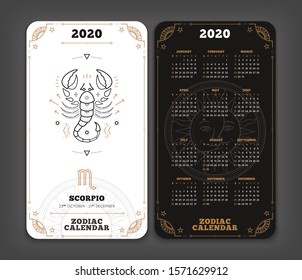 Scorpio 2020 year zodiac calendar pocket size vertical layout Double side black and white color design style vector concept illustration