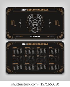 Scorpio 2020 year zodiac calendar pocket size horizontal layout Double side black color design style vector concept illustration