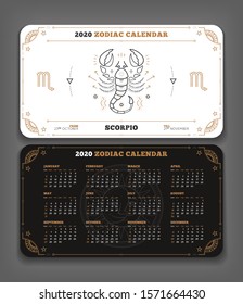 Scorpio 2020 year zodiac calendar pocket size horizontal layout Double side white and black color design style vector concept illustration