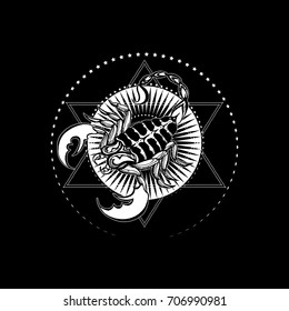 Scorpio against the background of star. Cover for notebooks, books. Tattoo. Printing on T-shirts, souvenirs, mugs. Astrology, totem animal, symbolism, spirituality, mysticism. Star horoscope, calendar