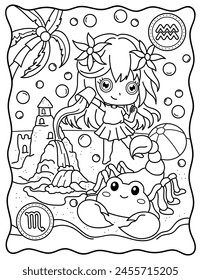 Scorpio and Aquarius. Kawaii. Cute characters. Coloring page, page, book, black and white vector illustration. Zodiac signs, horoscope.