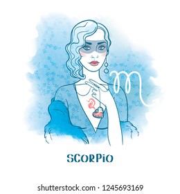 Scorpio astrological sign. Beautiful blonde in mask with poison necklace. Watercolor background