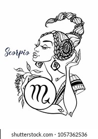 The Scorpio astrological sign as a beautiful girl. Horoscope. Astrology. Coloring. Vector