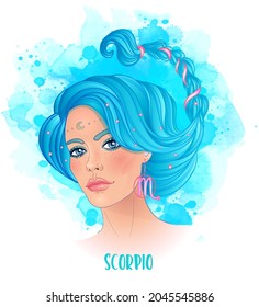 Scorpio astrological sign as a beautiful girl. Vector illustration over watercolor background isolated on white. Future telling, horoscope. Fashion woman zodiac set. 