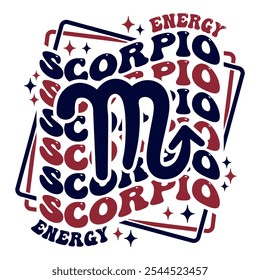 Scorpio astrological sign. Retro wavy text zodiac design.