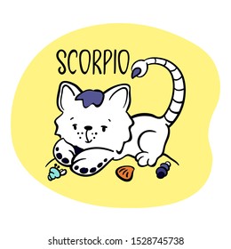 Scorpio Astrological Zodiac sign with cute cat character. Cat zodiac icon. Kitten Scorpio sticker. Baby shower or birthday greeting card. Astrological horoscope element. Scorpio icon or logo isolated