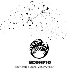 Scorpio astrology constellation illustration, black and white