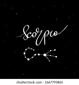 Scorpio. Astrology  lettering on brush stroke. collection zodiac sign with Constellation Stars  White  on  Black  Background - Vector modern Graphic Design and drawing art ink illustration. EPS10