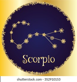 Scorpio. Astrology sign. Vector zodiac. Gold snowflakes 