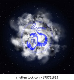 Scorpio Astrology zodiac constellation on smoke against a background of a sky full of stars.