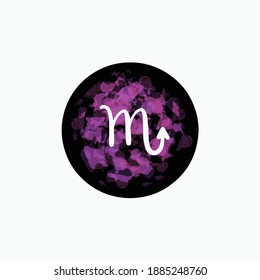 Scorpio astrology zodiac planet sign symbol with purple pink brush element. Magical round black icon isolated on white background. Hand drawn illustration. 