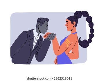 Concepto de signo zodiaco de astrología Scorpio. Escorpión en horoscopio astrológico. El hombre besa la mano de una mujer hermosa. Una pareja elegante en cita. Ilustración vectorial aislada plana sobre fondo blanco