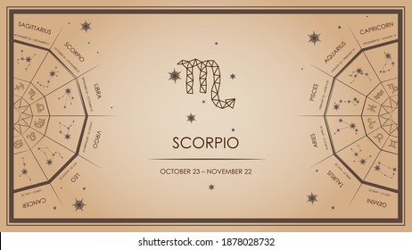 Scorpio background, zodiac sign. Horoscopes, forecasts. Template and design for website page, article, cover, poster, envelope for money with wishes. Vector, in beige colors