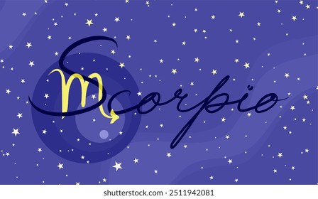 Escorpião. Bela inscrição. Sinal zodíaco. Em um fundo estrelado azul escuro. Conceito de astrologia e horóscopos. Ilustração vetorial.