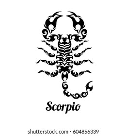 Scorpio in black flat tribal style on white background.