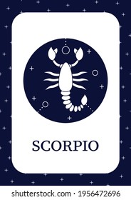 Scorpio card icon.Eight fire sign in zodiac.Scorpion symbol.Horoscope sign template.Flyer,magazine,poster,booklet.Astrological science infographic concept