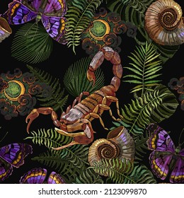 Scorpio, colorful butterfllies, moon and palm leaves. Seamless pattern. Embroidery. Template for clothes. Romantic tropical night background. Jungle forest 