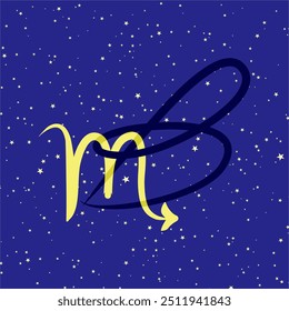Escorpião em combinação com a letra B. Sinal de zodíaco. Em um fundo estrelado azul escuro. Conceito de astrologia e horóscopos. Ilustração vetorial.