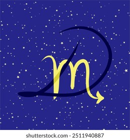Escorpião em combinação com a letra D. Sinal de Zodíaco. Em um fundo estrelado azul escuro. Conceito de astrologia e horóscopos. Ilustração vetorial.