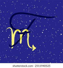 Scorpio in combination with the letter F. Zodiac sign. On a dark blue starry background. Astrology and horoscopes concept. Vector illustration.