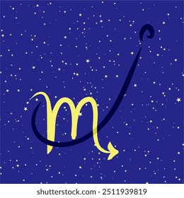 Escorpião em combinação com a letra I. Sinal de zodíaco. Em um fundo estrelado azul escuro. Conceito de astrologia e horóscopos. Ilustração vetorial.