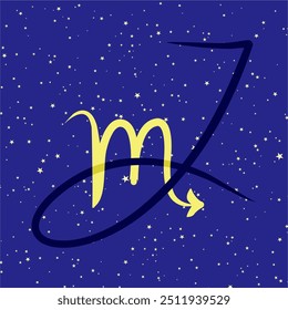 Escorpião em combinação com a letra J. signo zodíaco. Em um fundo estrelado azul escuro. Conceito de astrologia e horóscopos. Ilustração vetorial.
