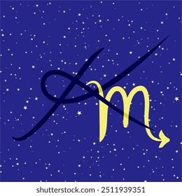 Escorpião em combinação com a letra K. signo zodíaco. Em um fundo estrelado azul escuro. Conceito de astrologia e horóscopos. Ilustração vetorial.