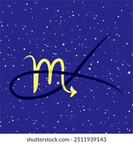 Escorpião em combinação com a letra L. signo zodíaco. Em um fundo estrelado azul escuro. Conceito de astrologia e horóscopos. Ilustração vetorial.